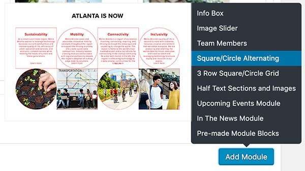 Add a Module button with list of modules above and hover image to the left