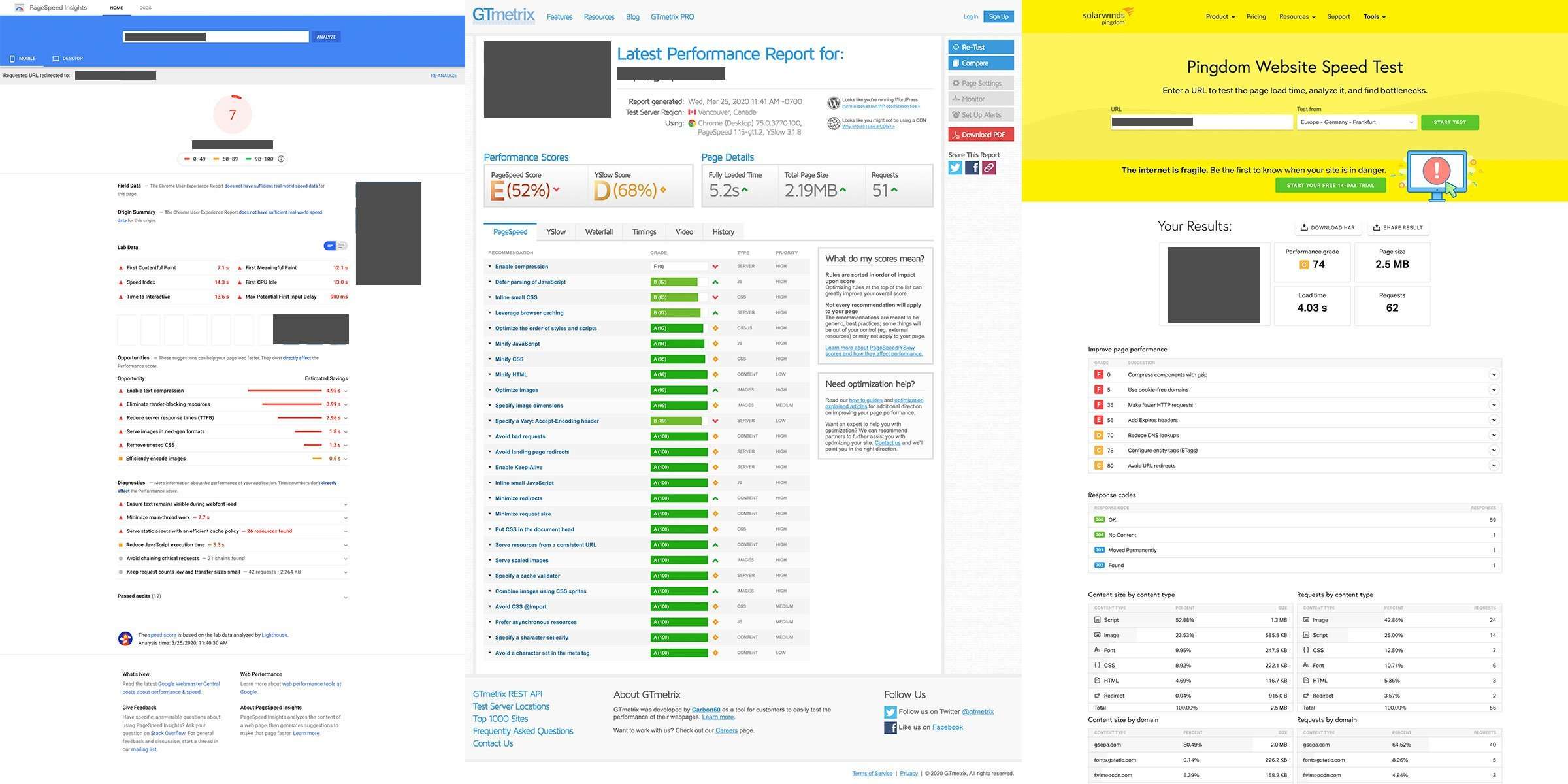 screenshots of three speed testing tools